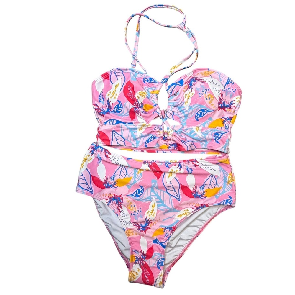 SunCo Size Small Pink Tropical Floral Halter High Waist Two Piece Swimsuit